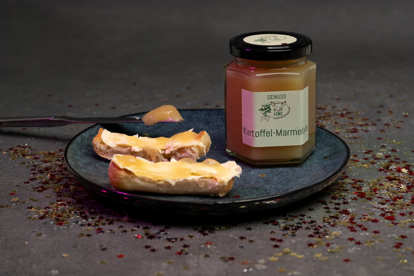 Kartoffel-Marmelade vom Hof Lenz – süßer Brotaufstrich mit regionaler Note auf Baguette