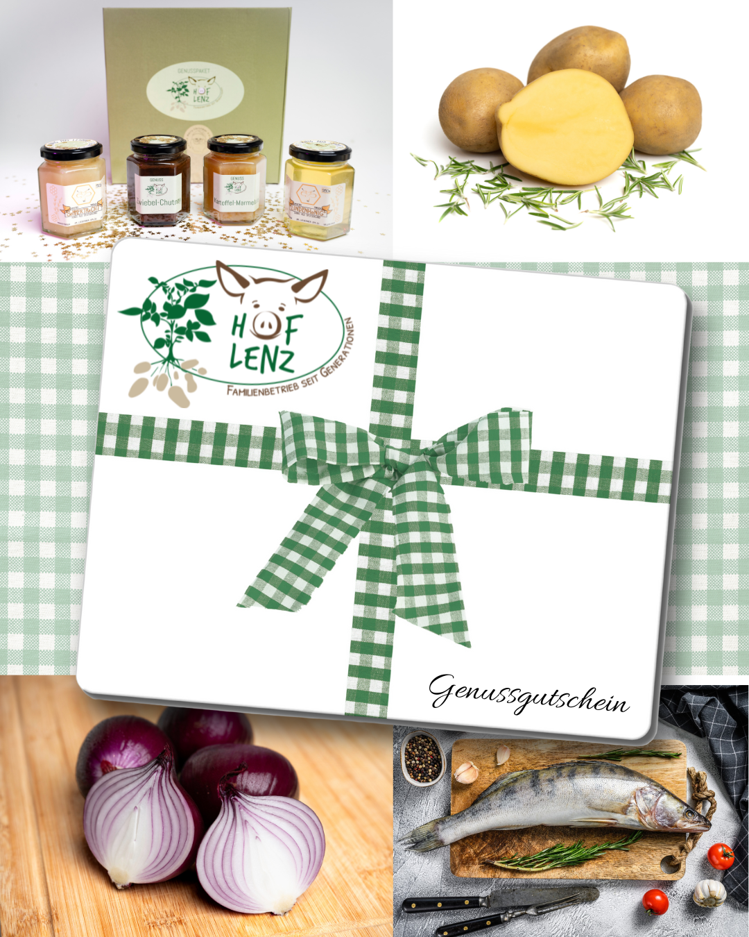 Geschenkidee vom Bauernhof: Hof Lenz Genussgutschein mit grün-weiß karierter Schleife, umgeben von regionalen Produkten wie Kartoffeln, Zwiebeln, Zanderfilet, Chutneys und Marmeladen – ideal zum Verschenken von hochwertigen Lebensmitteln direkt vom Erzeuger.