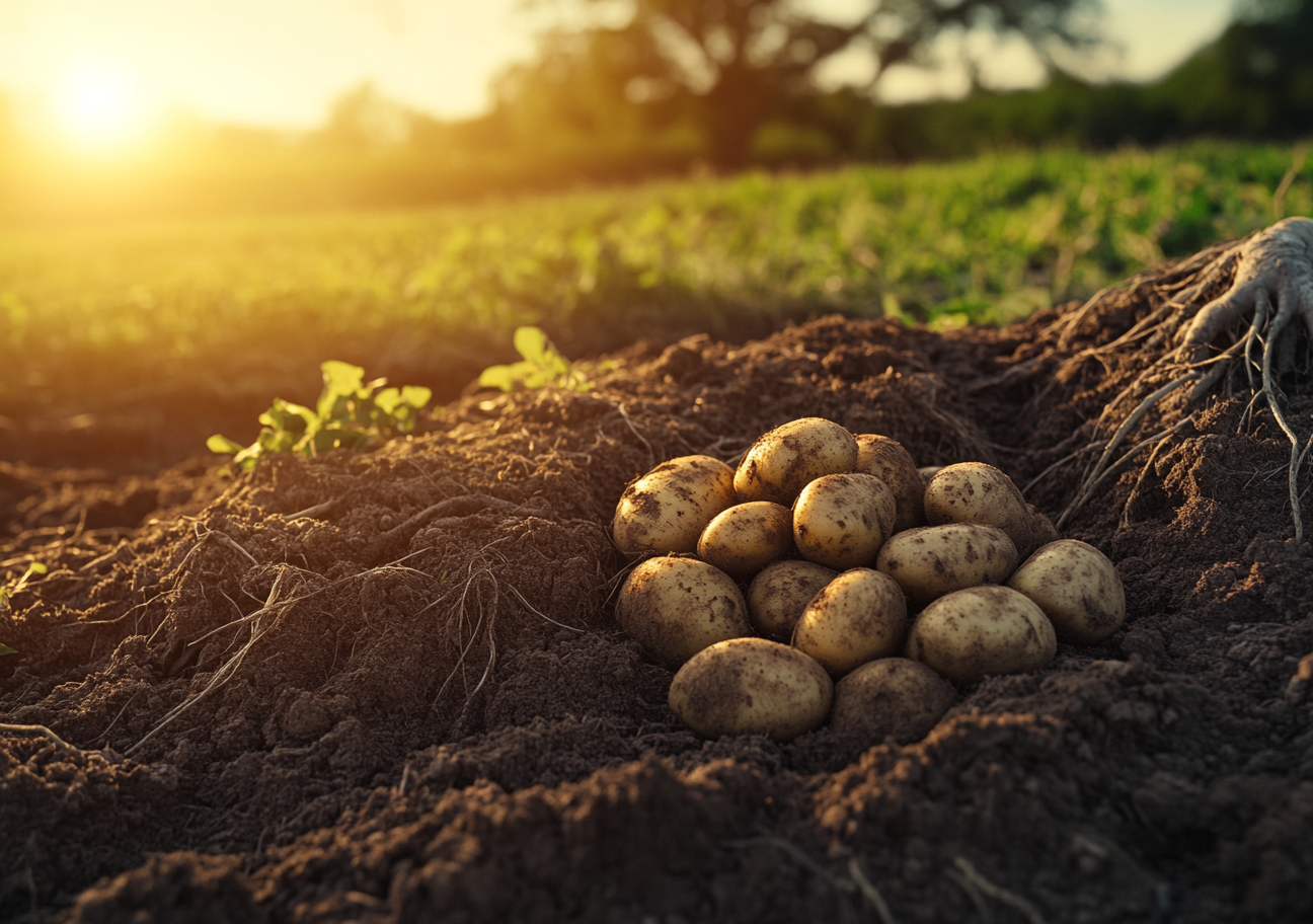 Frisch geerntete Kartoffeln mit Erde direkt vom Feld bei Sonnenuntergang – regionale Ernte vom Hof Lenz in Niedersachsen