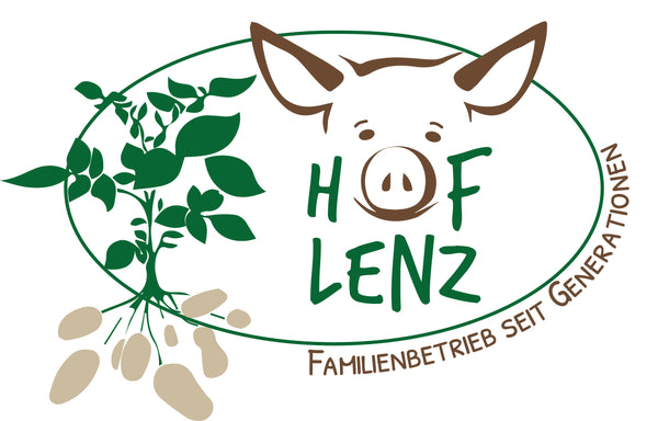 Logo von Hof Lenz – Familienbetrieb mit Schwein und Kartoffelpflanze, Landwirtschaft in Niedersachsen seit Generationen